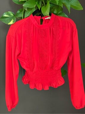 Women's Red Smocked-Ruffle Long Sleeve Blouse